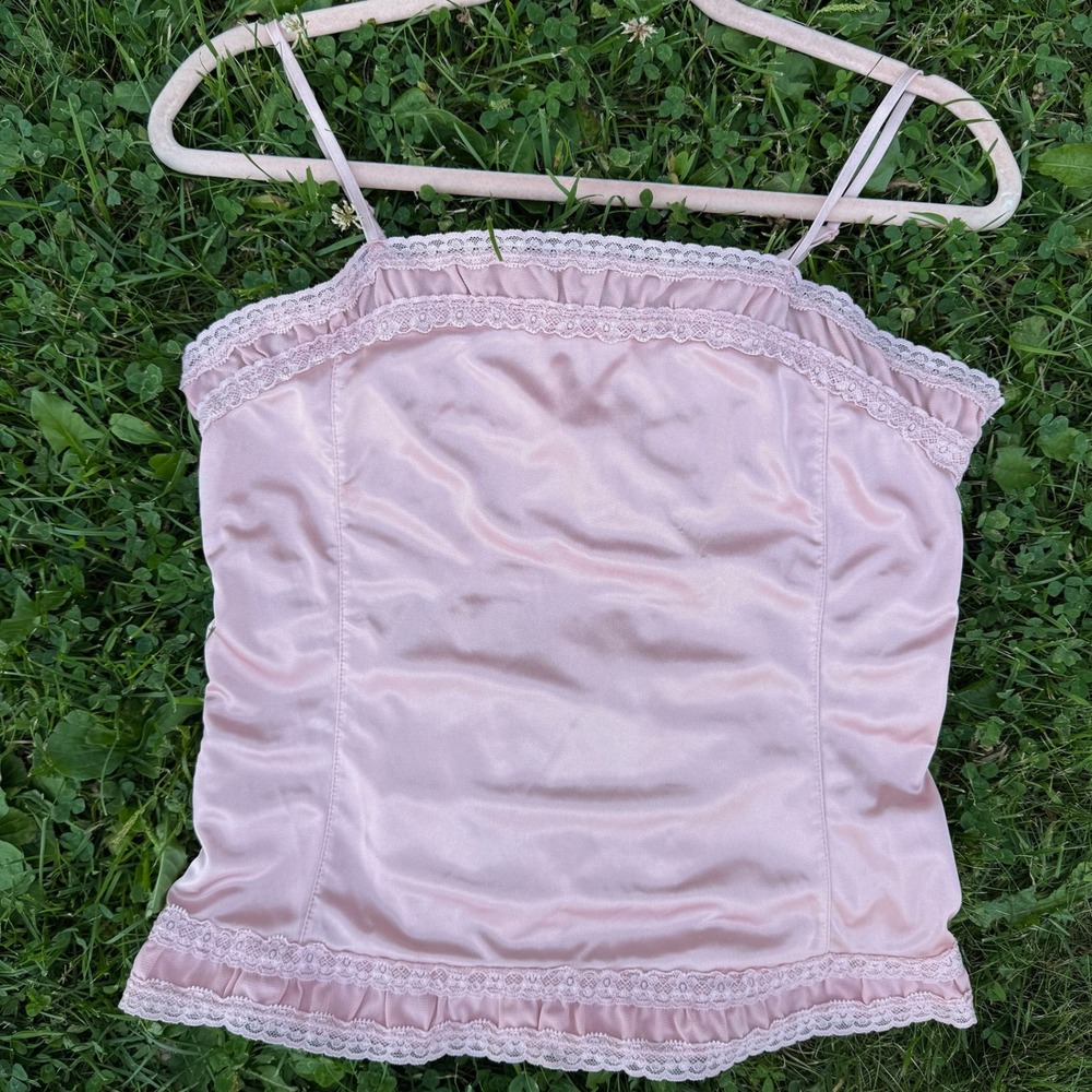 VTG Y2K Envision Studio Camisole S Pink Lace Trim Ruffle Satin Coquette Tank Top